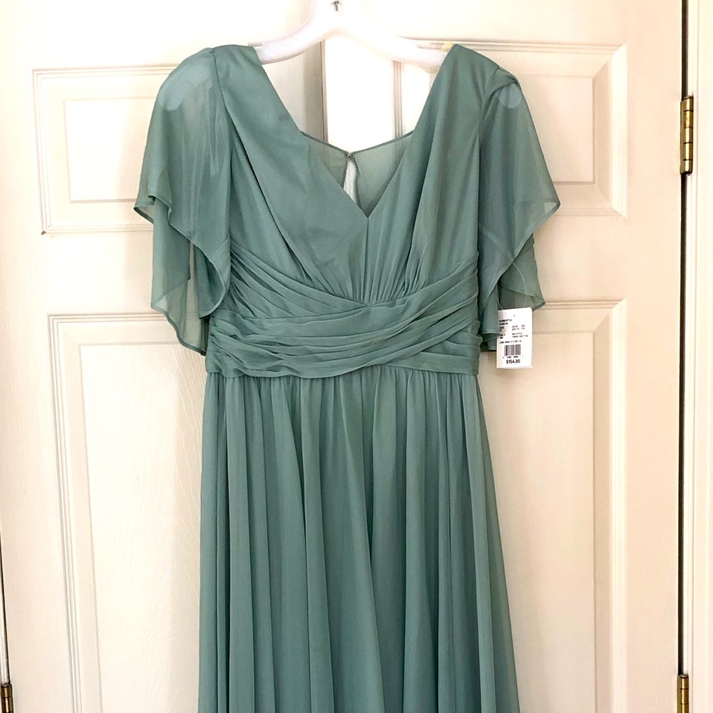 David’s Bridal, crisscross mesh flutter sleeve, dusty sage, size 14